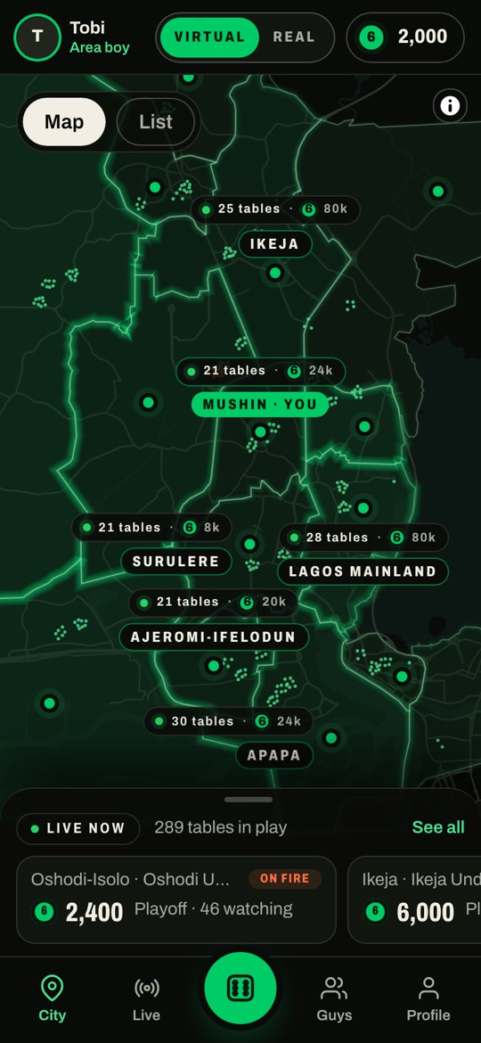 The City in the 6 Must Show app: a map of Lagos, with the areas and the spots where tables play.