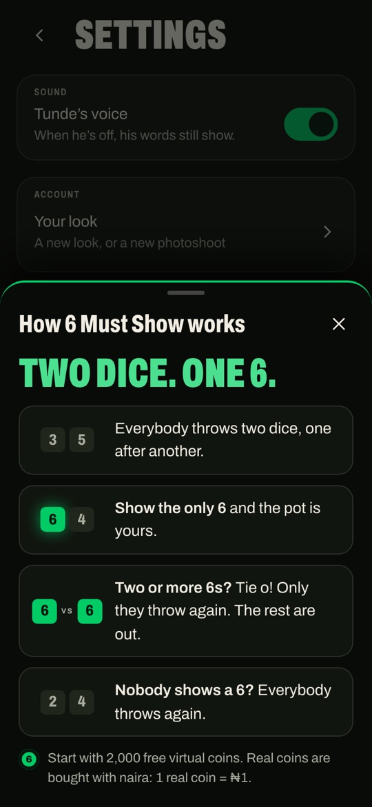 How 6 Must Show works, as the app shows it: two dice, one 6.
